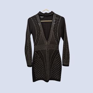XS bebe embellished long sleeve bodycon dress with deep plunge (vintage)